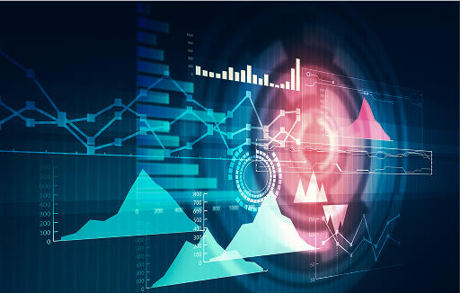 Abstract digital interface with futuristic graphs, charts, and data analytics visualizations, overlaid on a vault symbolizing security and technology integration.