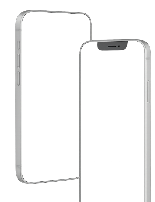 Transparent outline render of two modern smartphones, one viewed from the side and the other from the front, showcasing the sleek metallic edges and button placements.