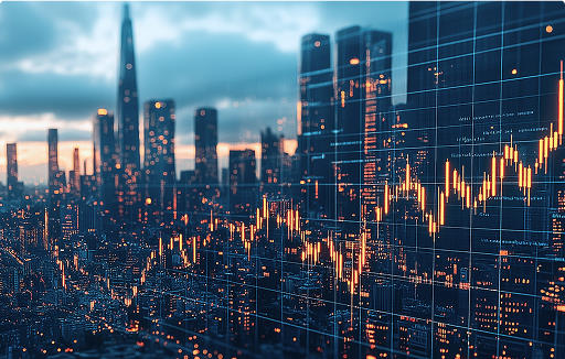 Abstract digital interface with futuristic graphs, charts, and data analytics visualizations, overlaid on a vault symbolizing security and technology integration.